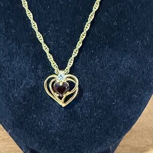 Korea stamped gold tone faux garnet and diamond heart pendant necklace